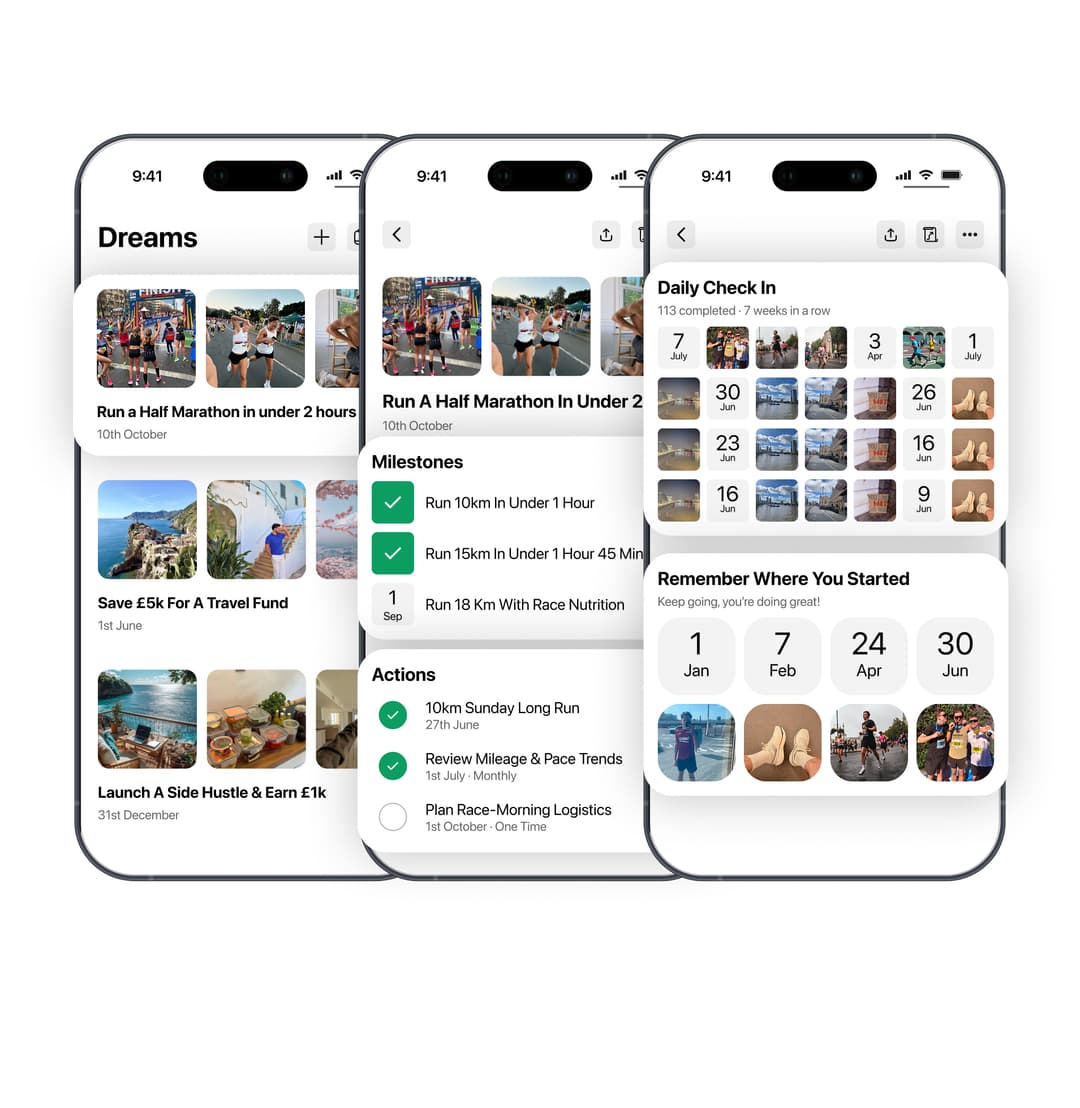 Screenshot of Regretless app interface showing goal planning features